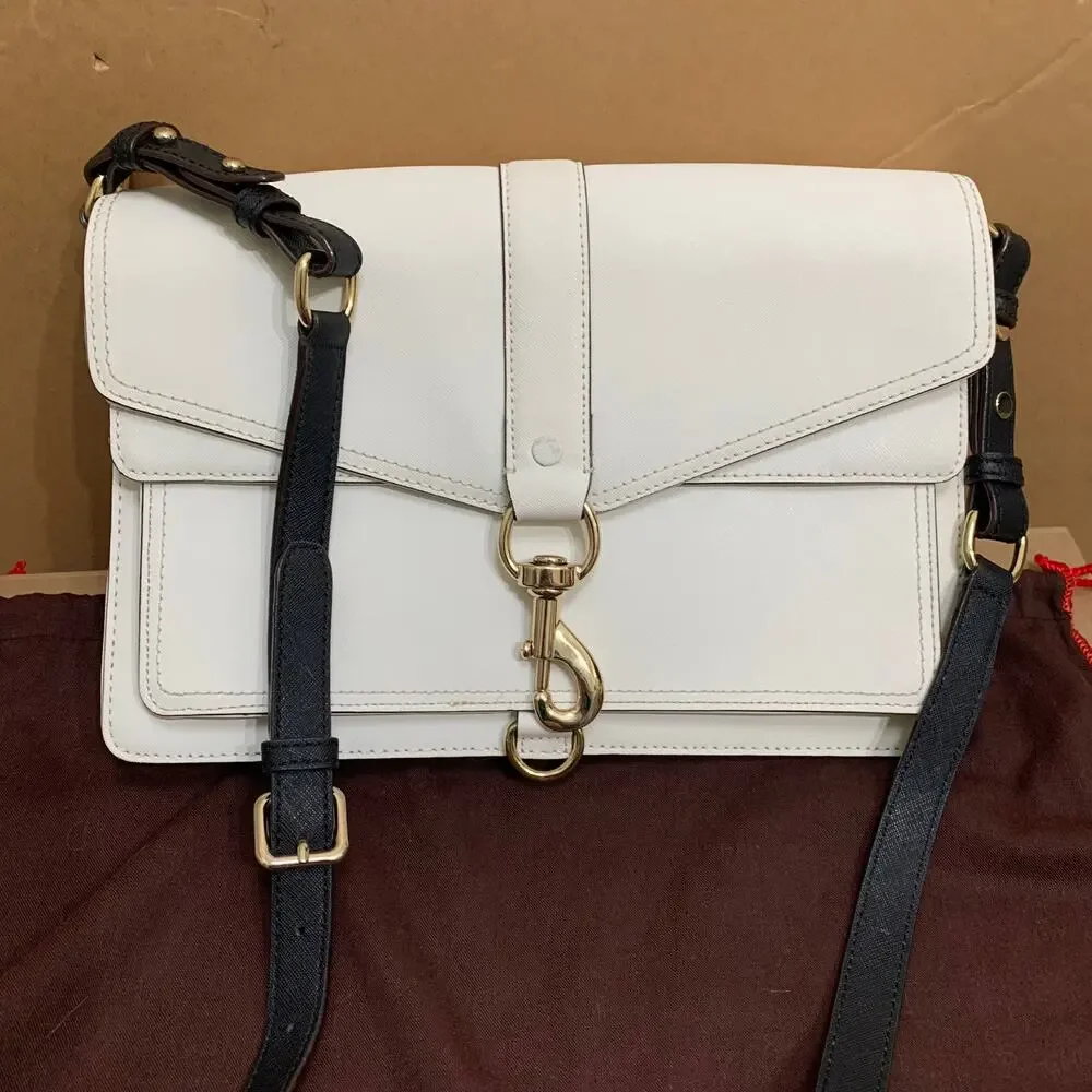 REBECCA MINKOFF White Saffiano Leather HUDSON Flap Large Xbody Msgr Black Trim